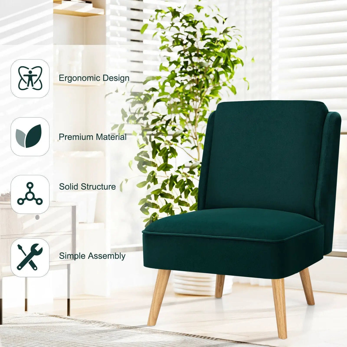 Velvet Accent Armless Side Chair with Rubber Wood Legs for Bedroom, photo 4 of 24