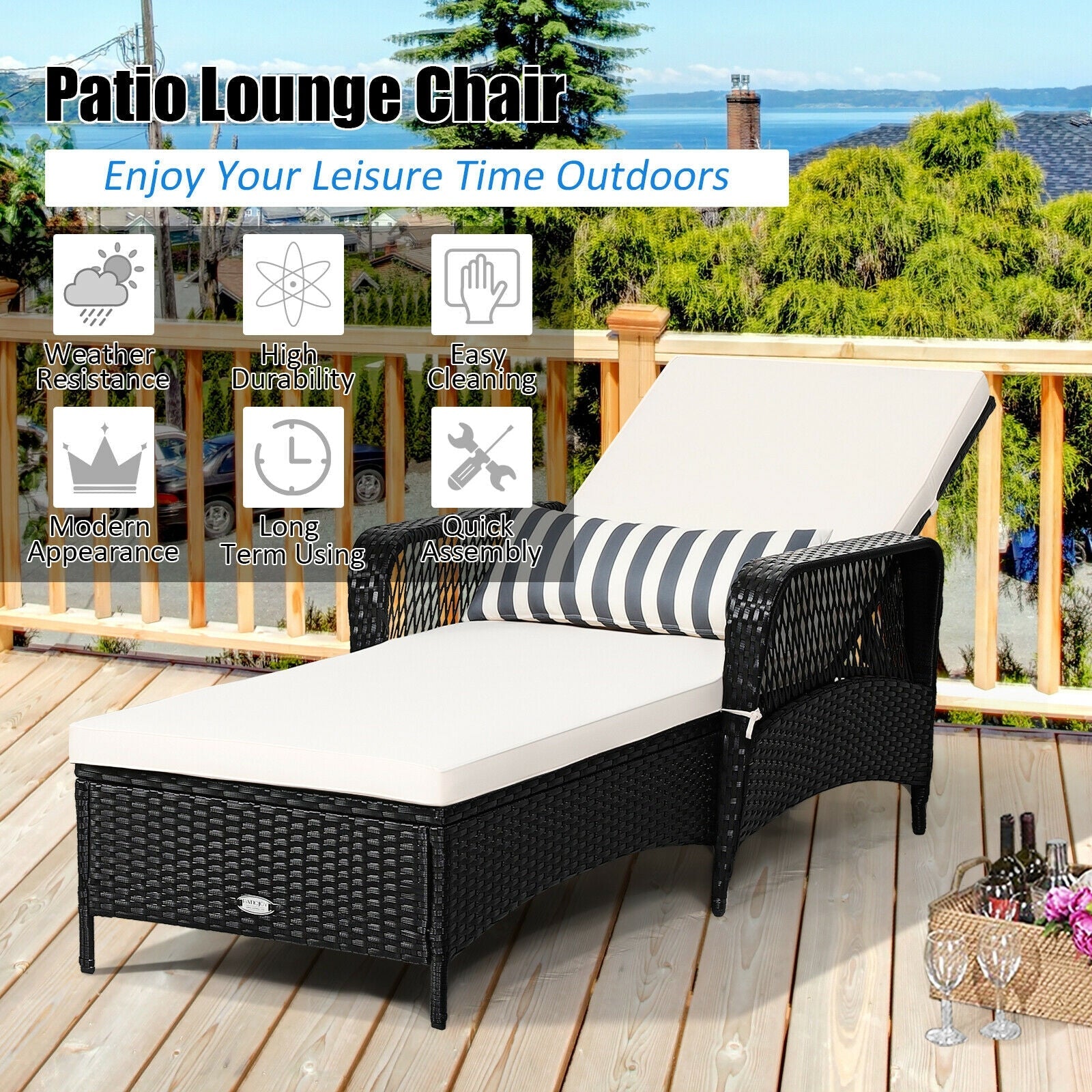 Patio Wicker Chaise Lounge Chair with Pillow and Adjustable Backrest with Cushion-Black by DirectDeals
