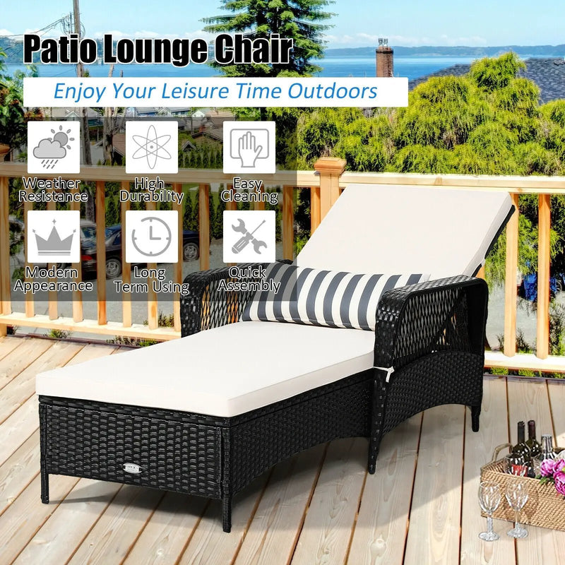 Patio Wicker Chaise Lounge Chair with Pillow and Adjustable Backrest with Cushion-Black by DirectDeals