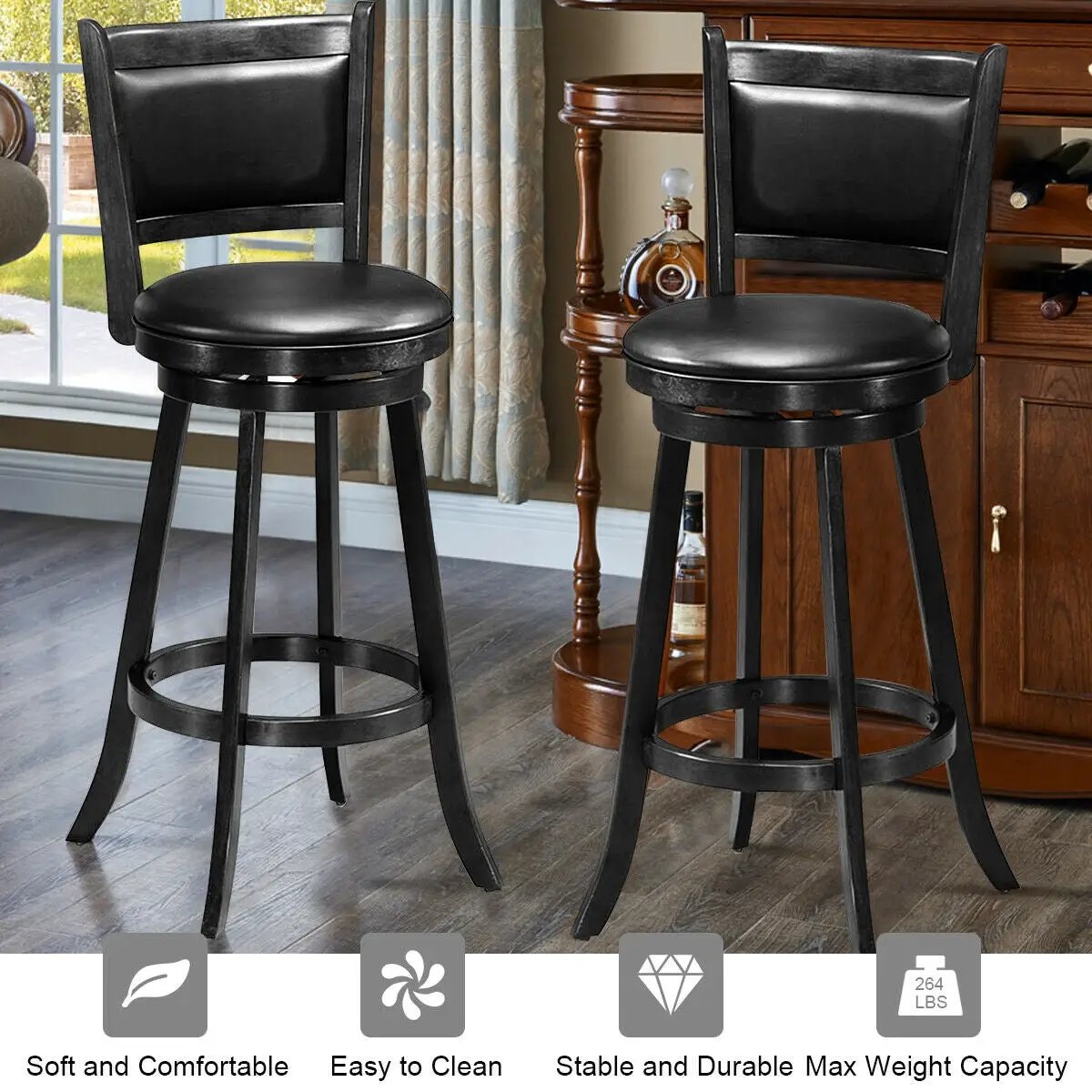 Set of 2 29 Inch Swivel Bar Height Stool Wood Dining Chair Barstool, photo 2 of 10