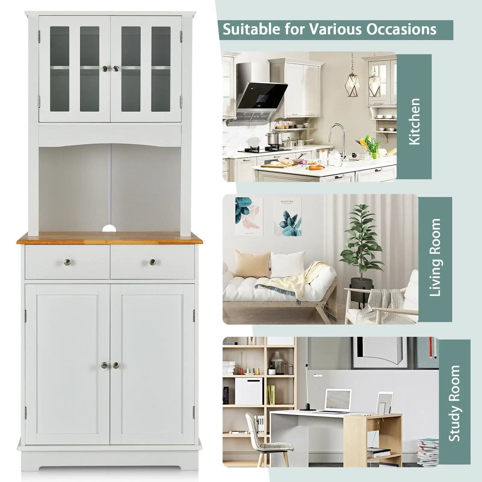 Kitchen Pantry Cabinet with Wood Top and Hutch-White by DirectDeals