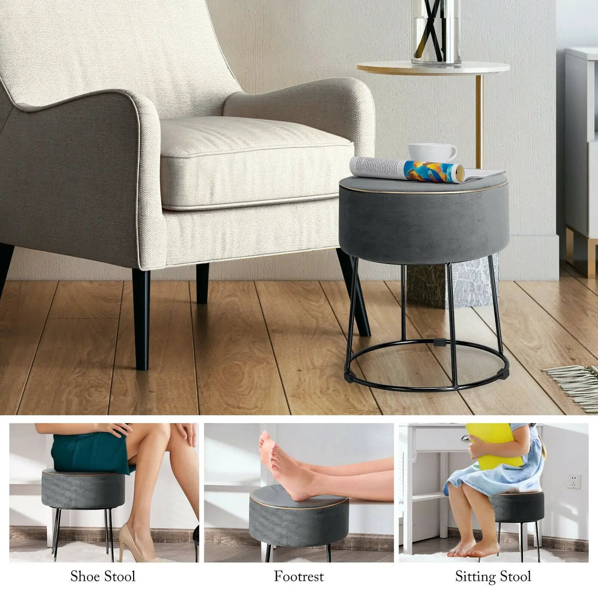 Round Velvet Footrest Stool Ottoman with Non-Slip Foot Pads for Bedside, photo 3 of 16