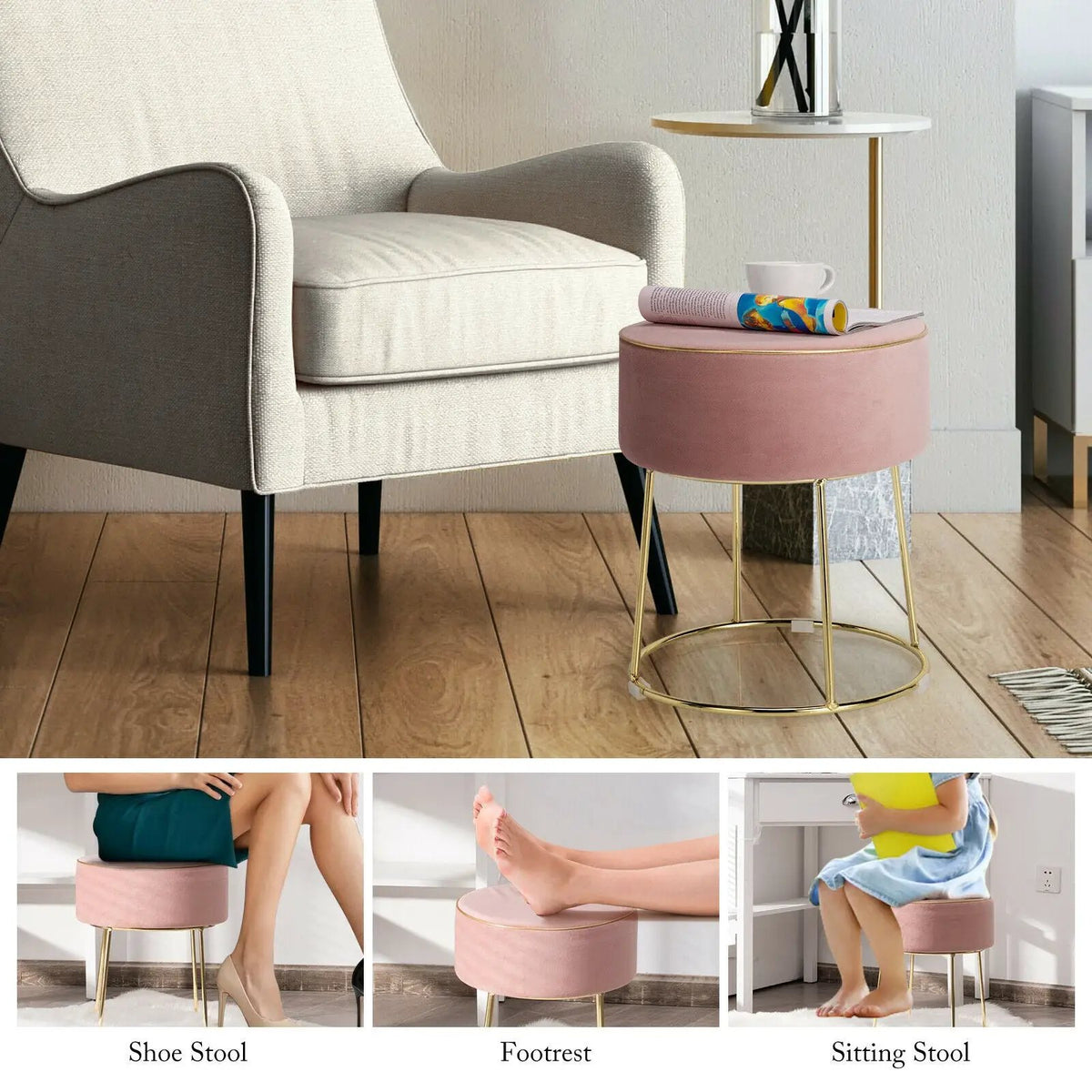Round Velvet Footrest Stool Ottoman with Non-Slip Foot Pads for Bedside, photo 4 of 16