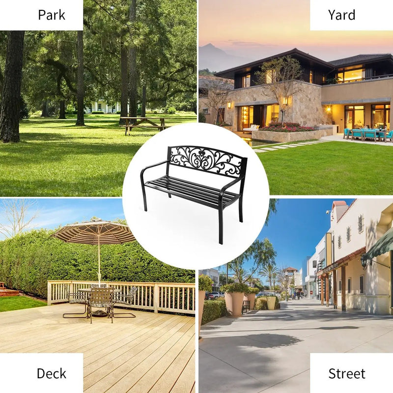 50 Inch Patio Park Steel Frame Cast Iron Backrest Bench Porch Chair by DirectDeals