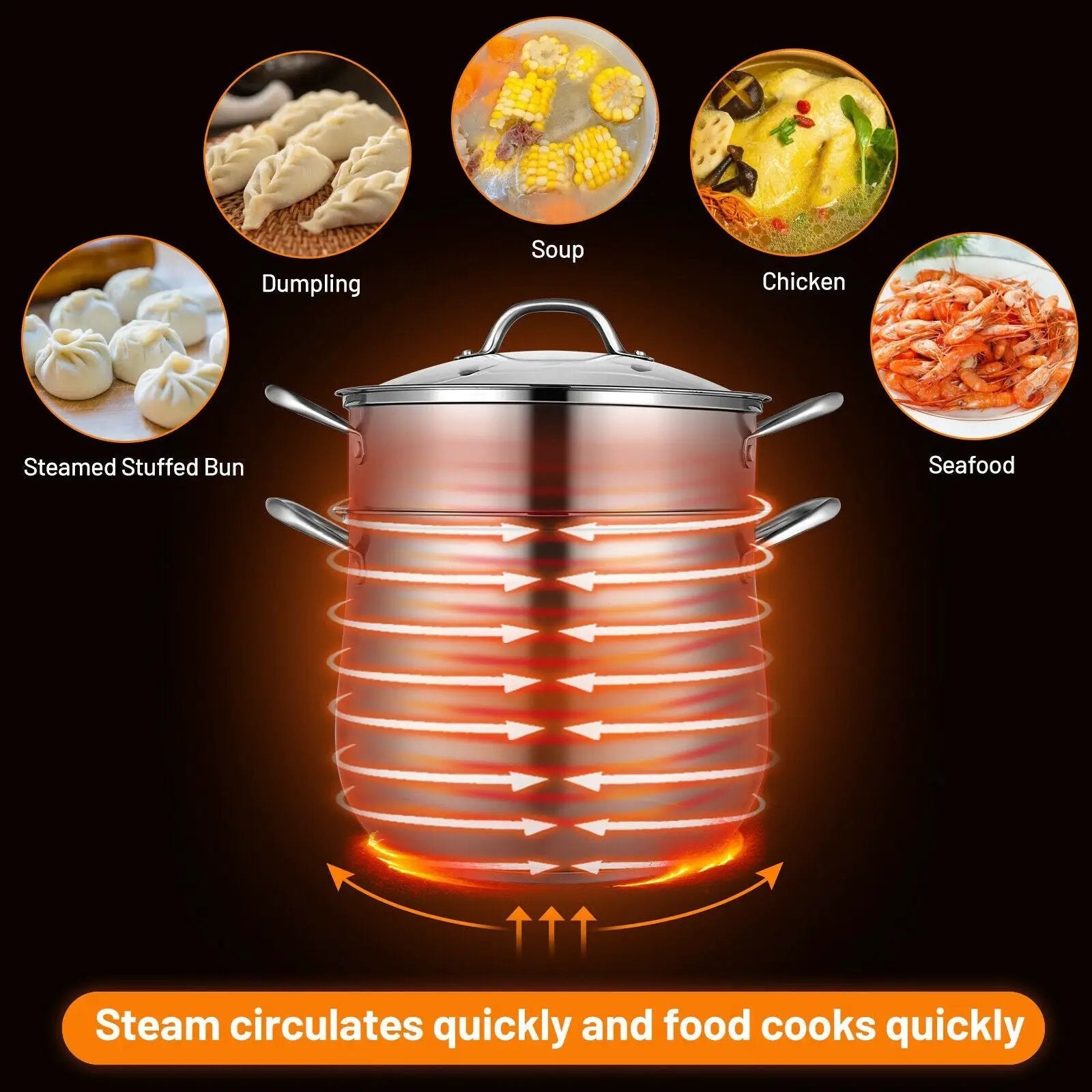 2-Tier Steamer Pot Saucepot Stainless Steel with Tempered Glass Lid by DirectDeals