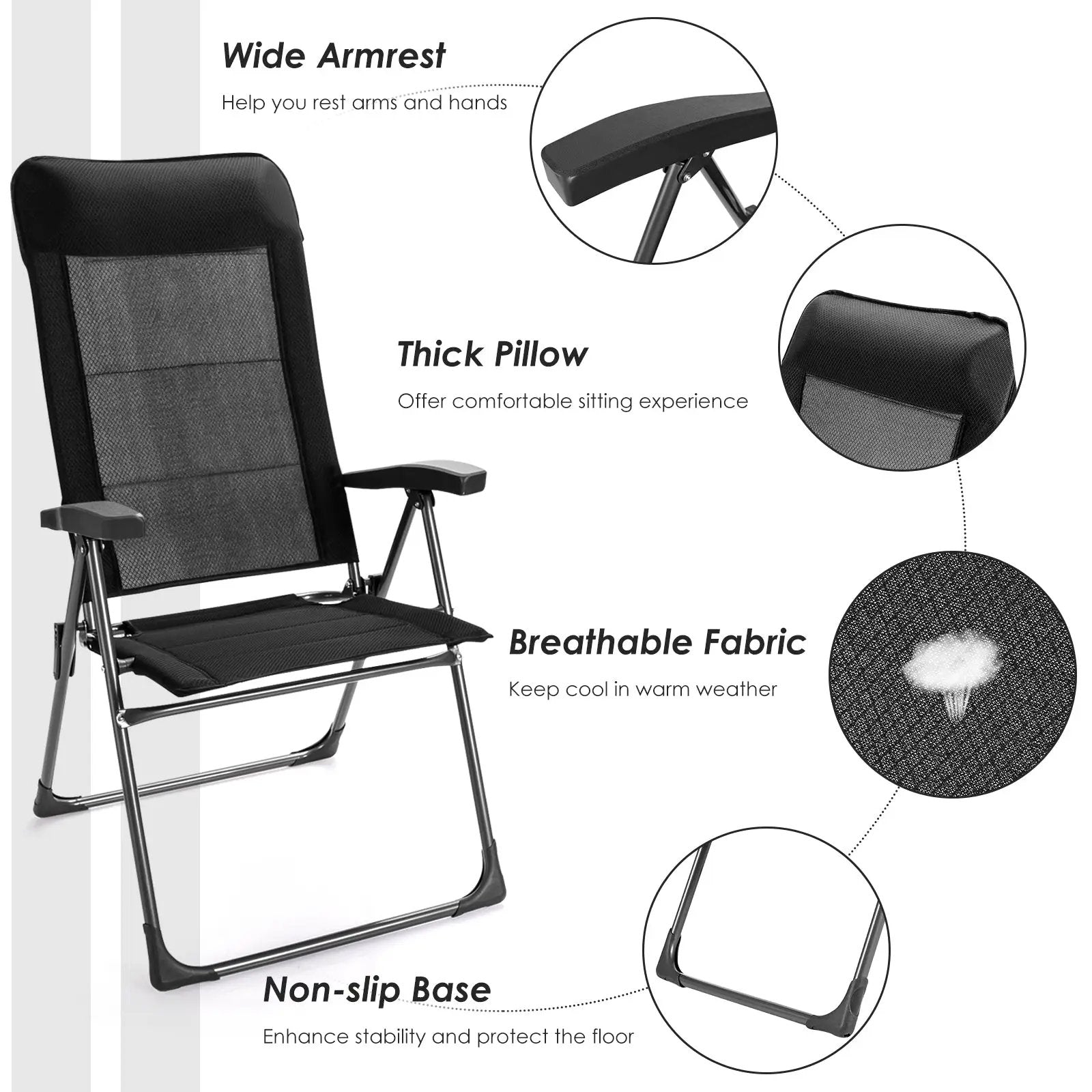 2 Pcs Portable Patio Folding Dining Chairs with Headrest Adjust for Camping -Black by DirectDeals