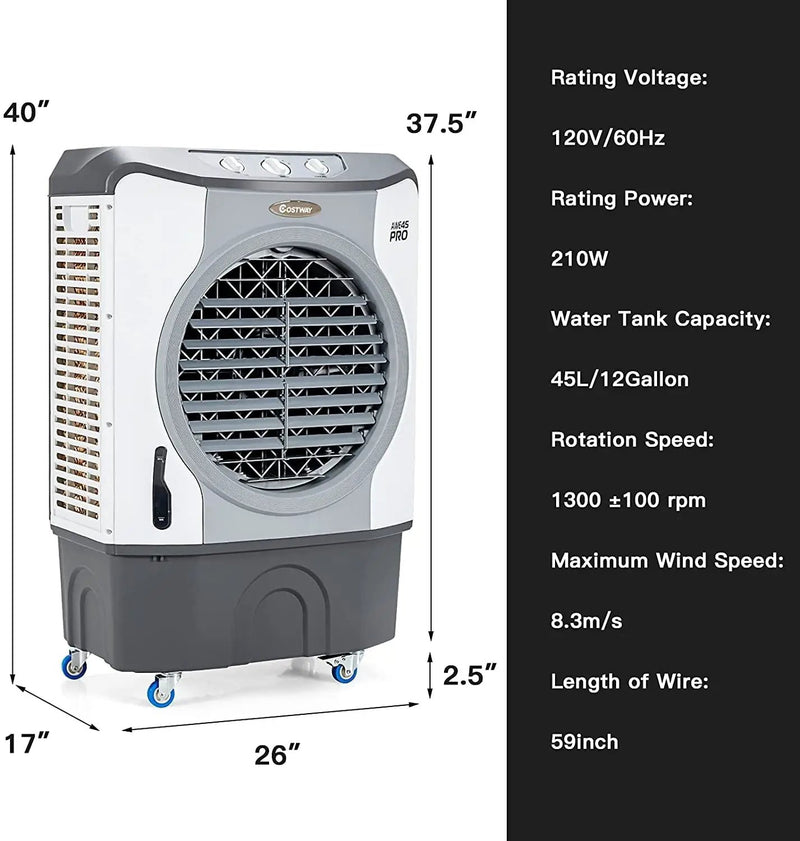 4-in-1 Industrial Evaporative Air Cooler Fan with 12 Gallon Tank and Wheels-Gray by DirectDeals