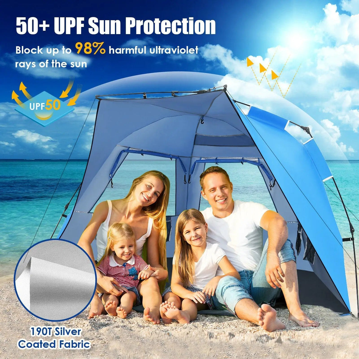 3-4 Person Easy Pop Up Beach Tent UPF 50+ Portable Sun Shelter, photo 2 of 7