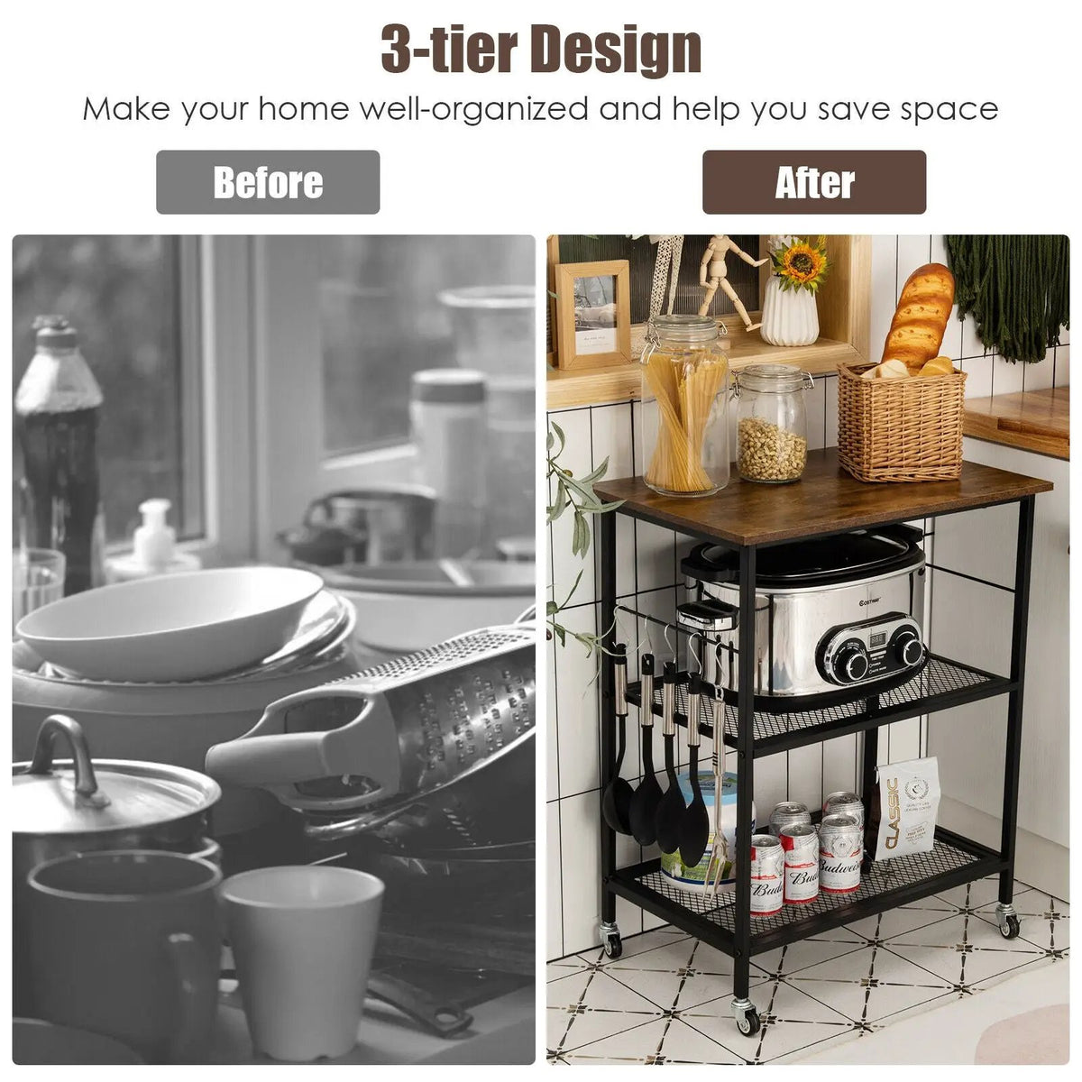 3-Tier Kitchen Serving Cart Utility Standing Microwave Rack with Hooks, photo 5 of 9
