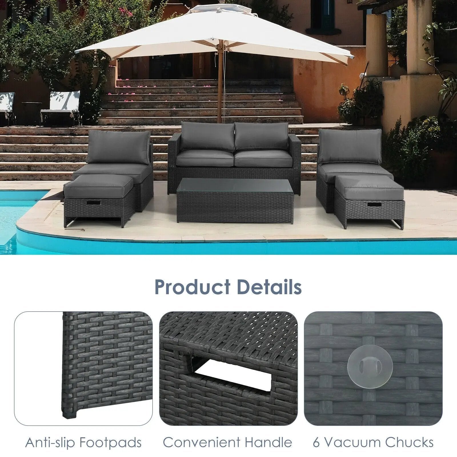 6 Pieces Patio Rattan Furniture Set with Glass Table and Cushioned Seat-Gray by DirectDeals
