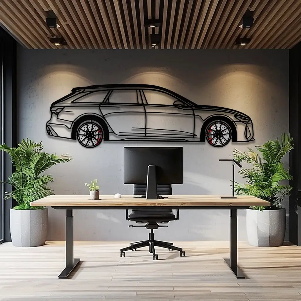 Audi RS6 Avant Metal Car Wall Art with Rotating Wheels - Super Wagon Silhouette Decor - Interactive Automotive Wall Art - KAFMEKA098 by Enova Art