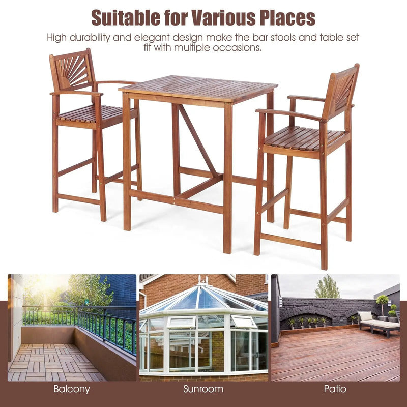 3 Pieces Acacia Wood Patio Bar Set with Sunflower Patterned Backrest by DirectDeals