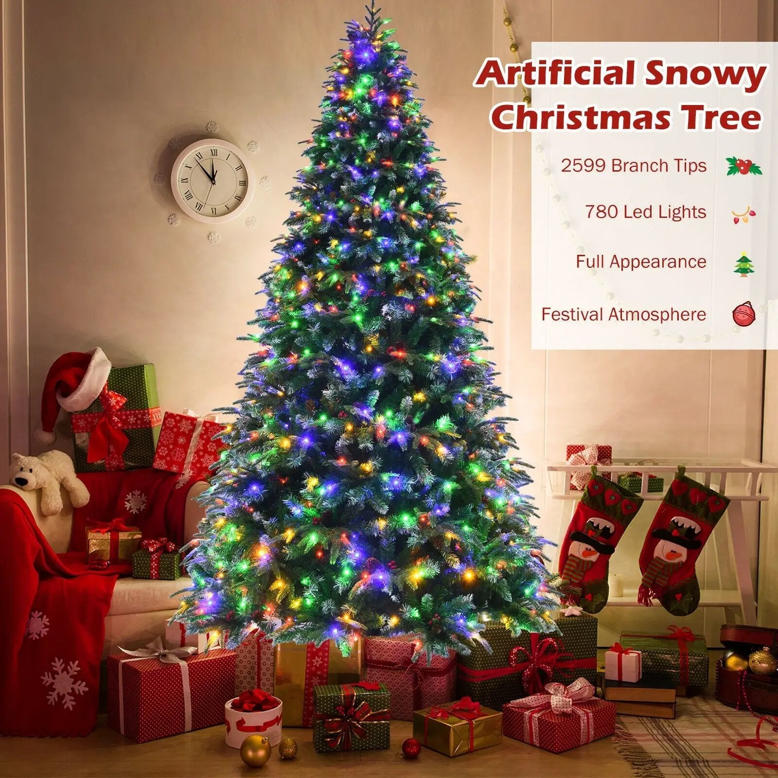 Pre-Lit Snowy Christmas Hinged Tree with Multi-Color Lights by DirectDeals