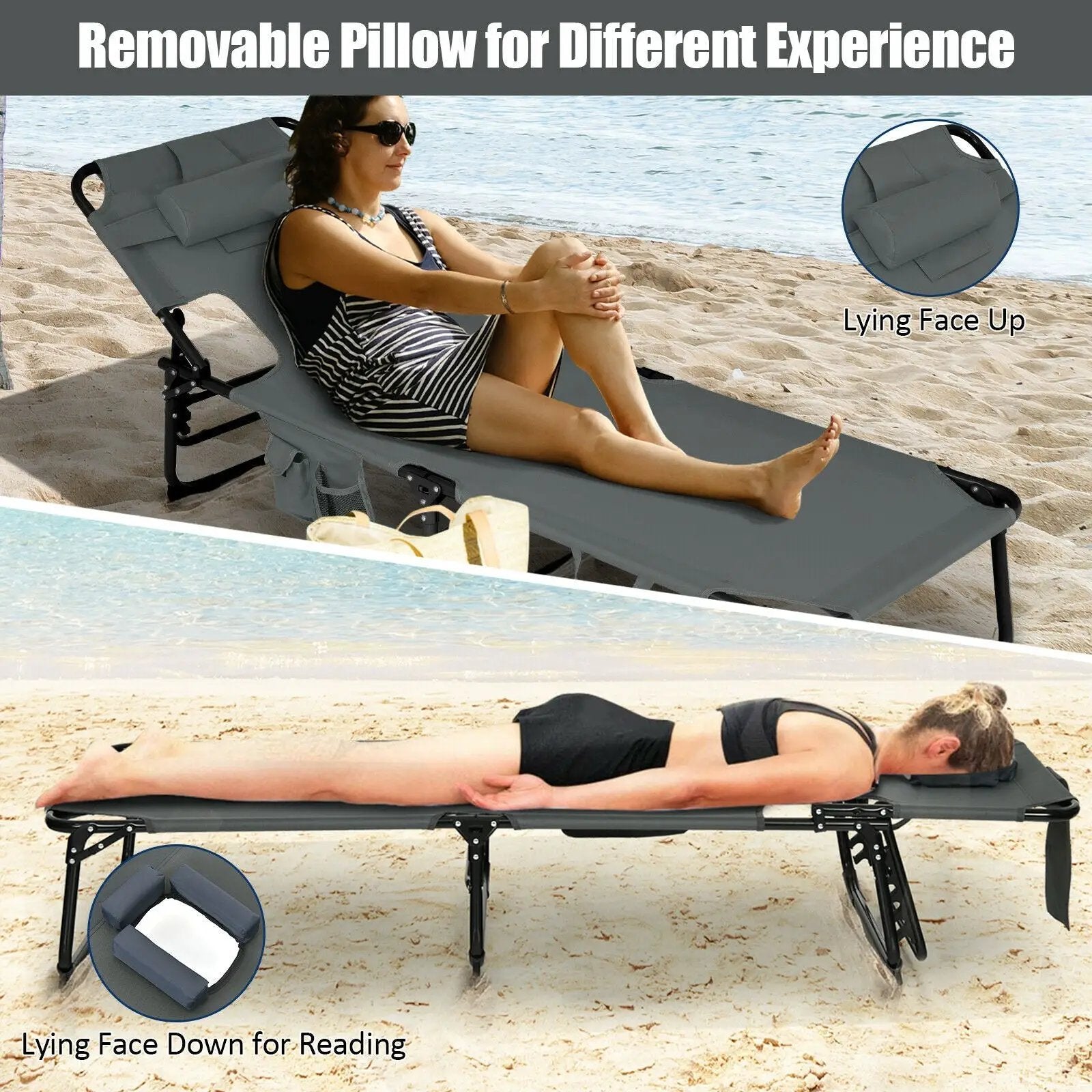 Folding Beach Lounge Chair with Pillow for Outdoor-Gray by DirectDeals