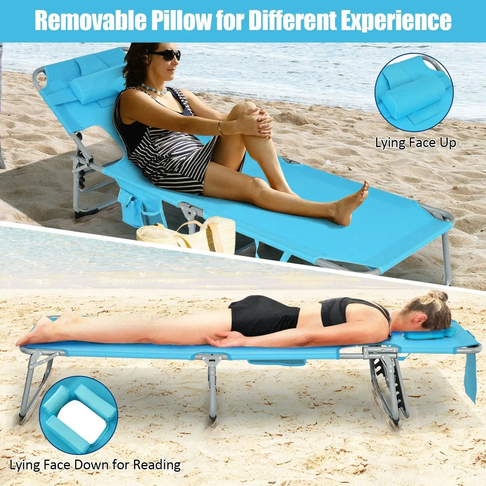 Folding Beach Lounge Chair with Pillow for Outdoor-Turquoise by DirectDeals