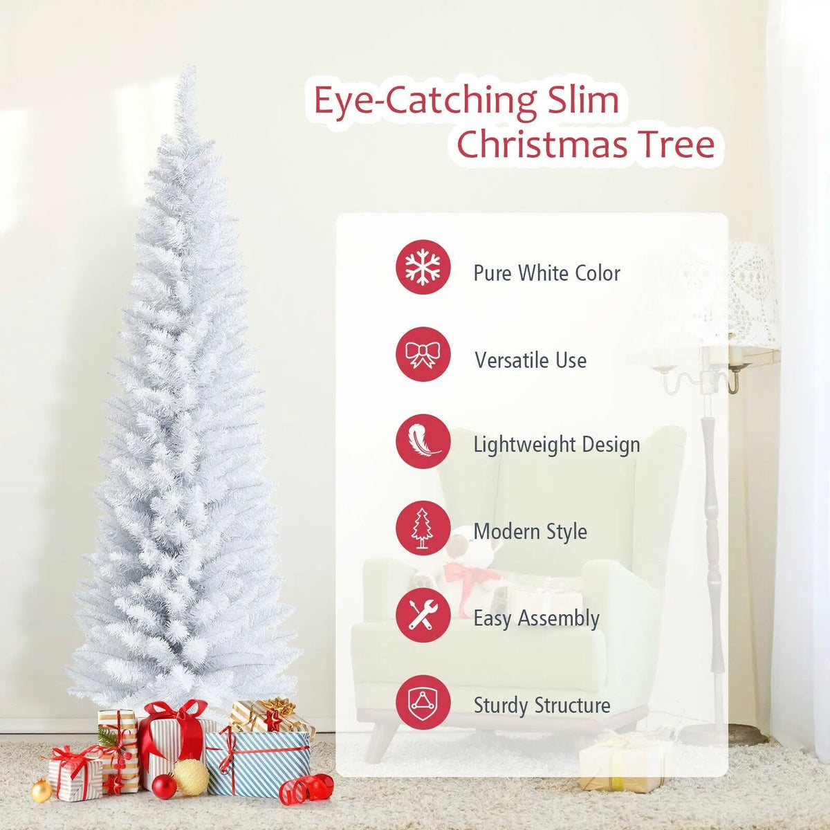 6 Feet Unlit Artificial Slim Pencil Christmas Tree with Metal Stand, photo 5 of 10