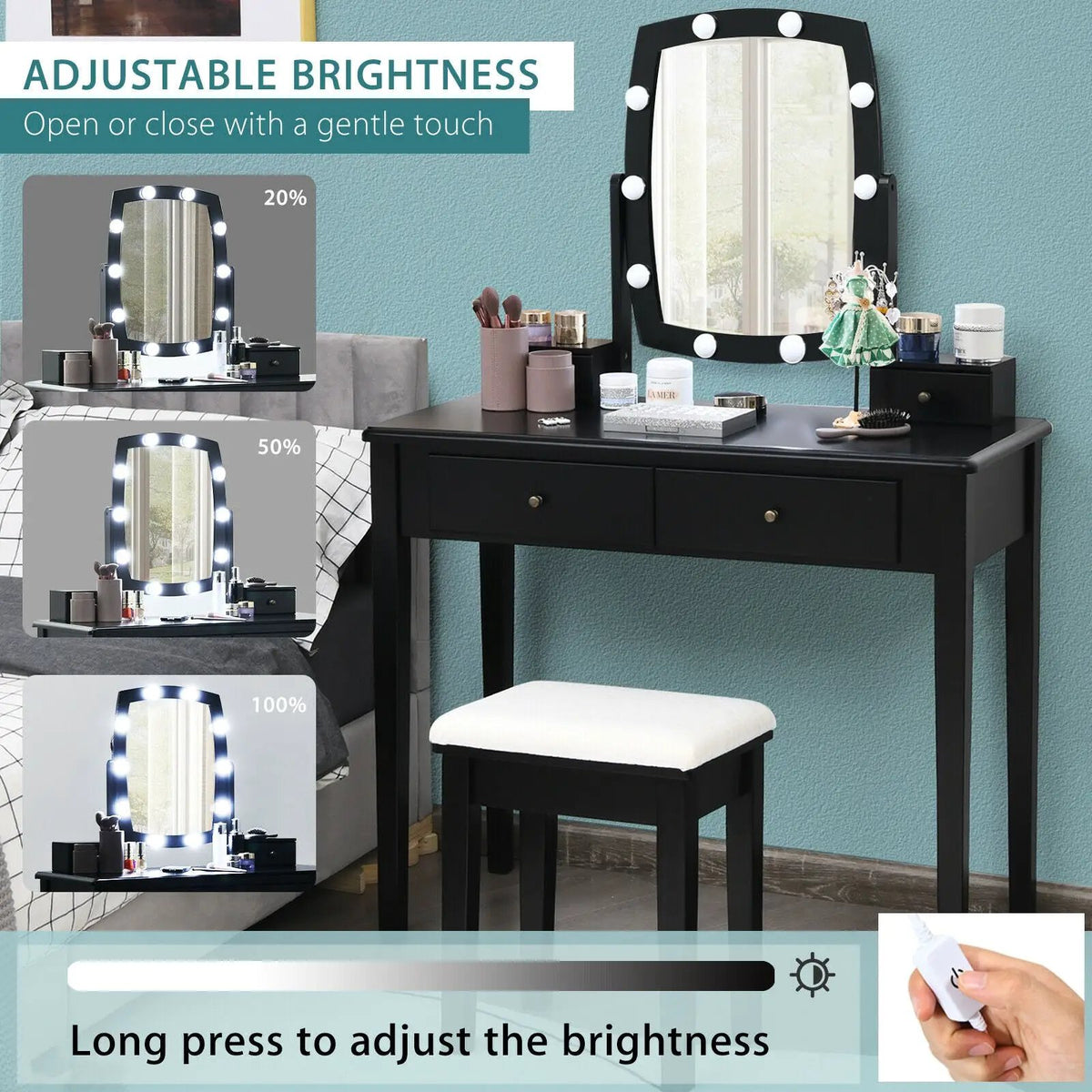 Vanity Table Set with Lighted Mirror for Bedroom and Dressing Room, photo 8 of 9