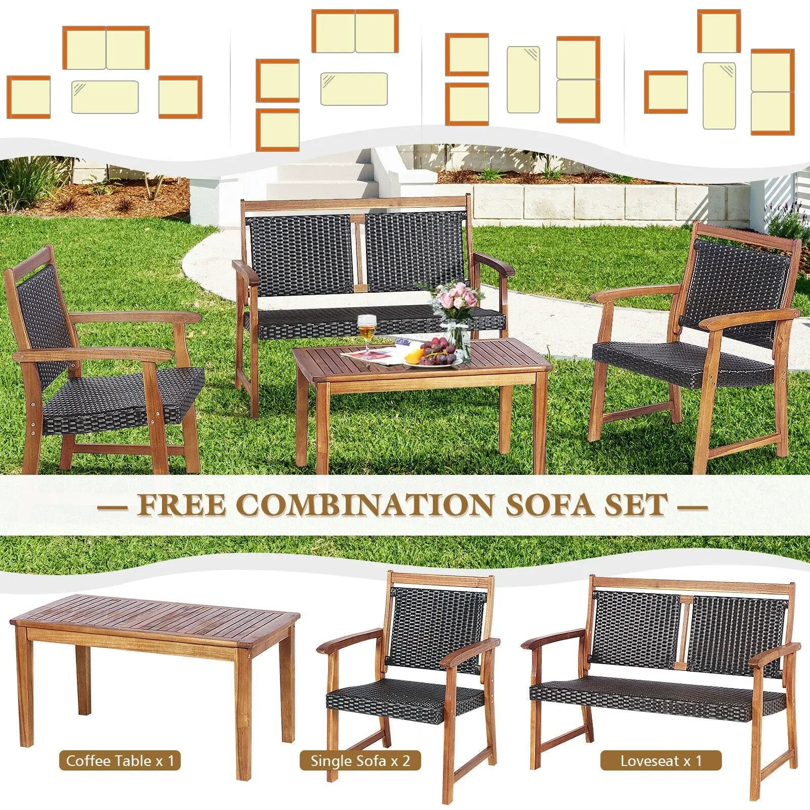 4 Pieces Outdoor Patio Rattan Furniture Sofa Set with Acacia Wood Frame by DirectDeals