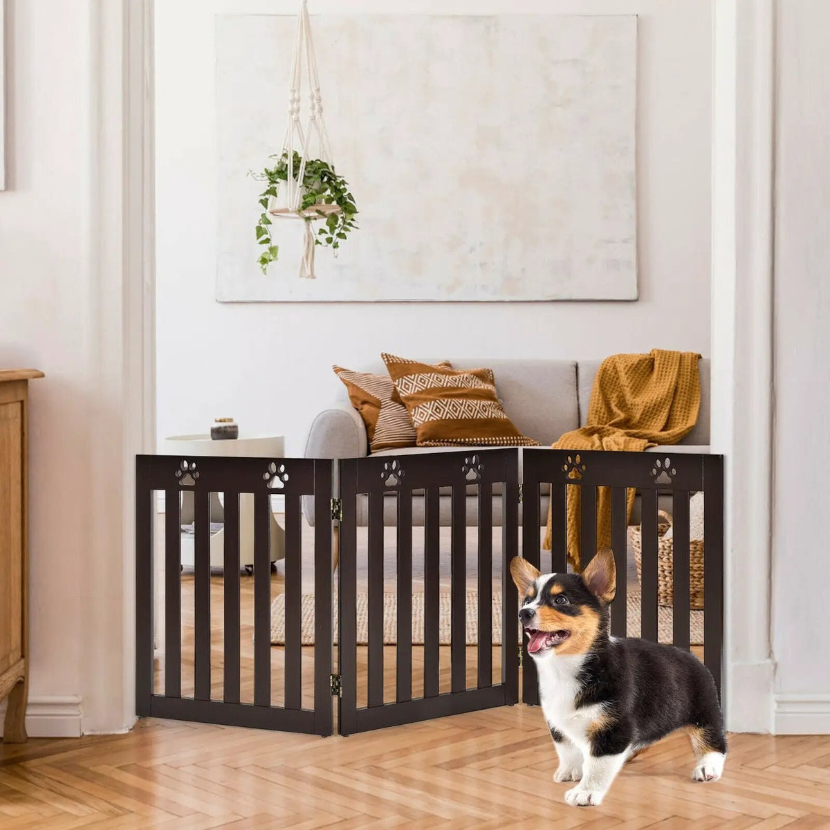 24 Inch Folding Wooden Freestanding Dog Gate with 360¬∞ Flexible Hinge for Pet, photo 15 of 16