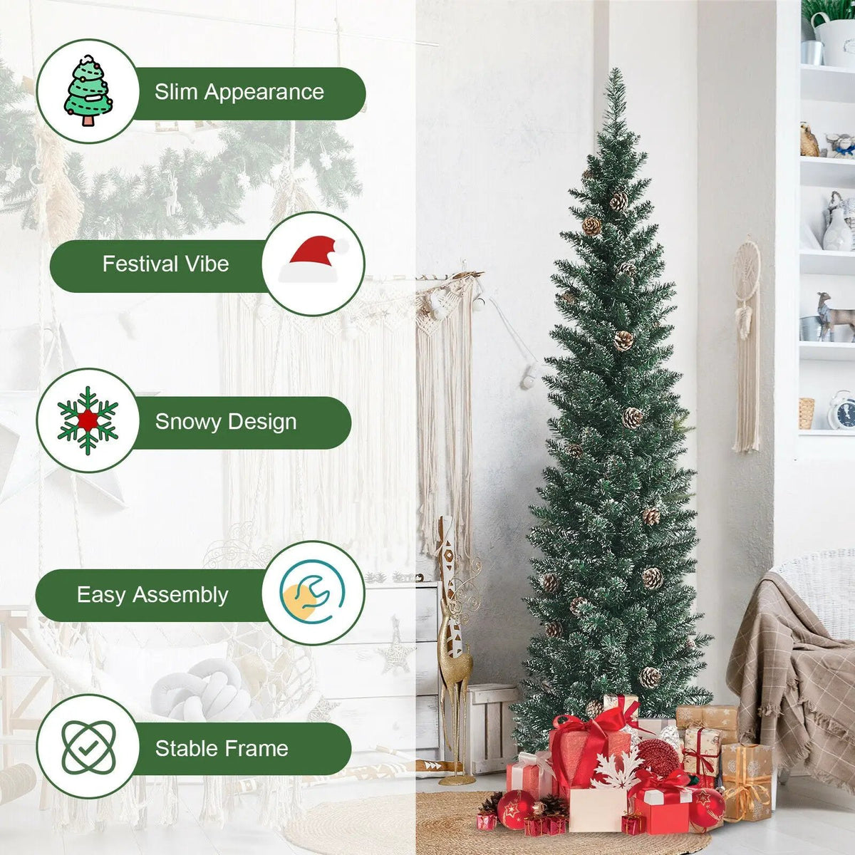 Snowy Artificial Pencil Christmas Tree with Pine Cones, photo 11 of 24