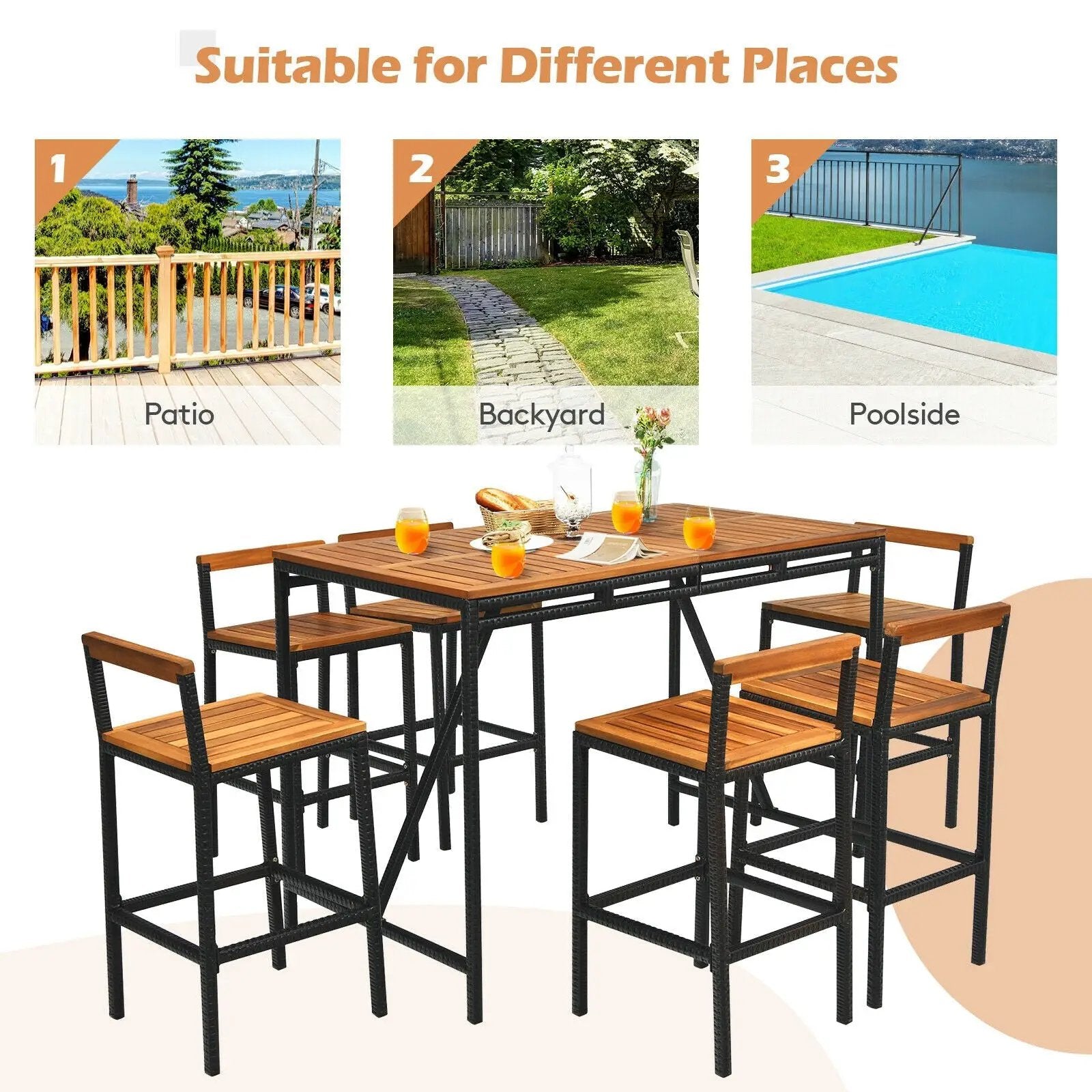 7 Pieces Acacia Wood Patio Rattan Bar Set with Umbrella Hole by DirectDeals