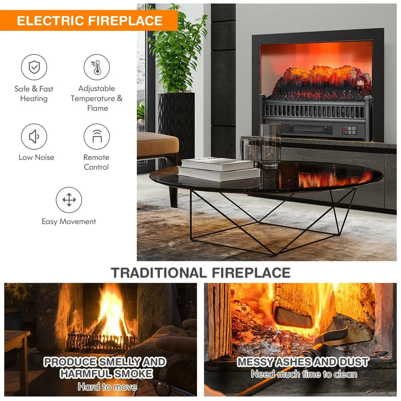1400W Electric Fireplace Log Heater with Adjustable Flame Brightness-Black by DirectDeals
