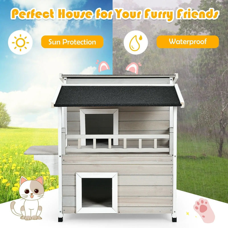 2-Story Wooden Patio Luxurious Cat Shelter House Condo with Large Balcony by DirectDeals