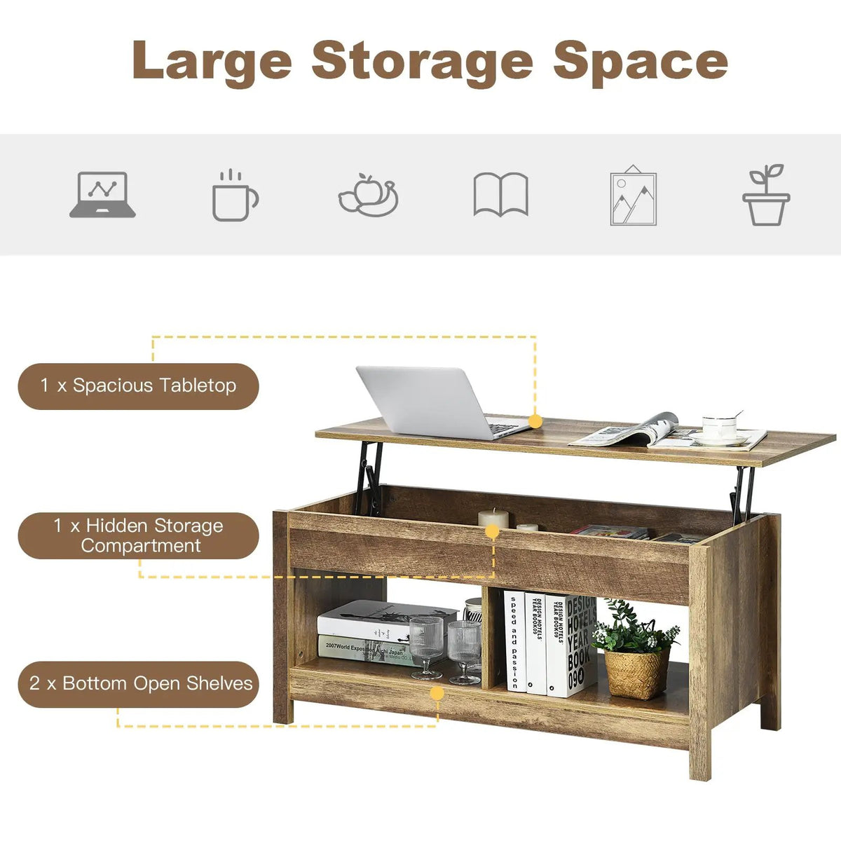 Lift Top Coffee Table with Hidden Storage Compartment and Lower Shelf for Study Room, photo 14 of 24