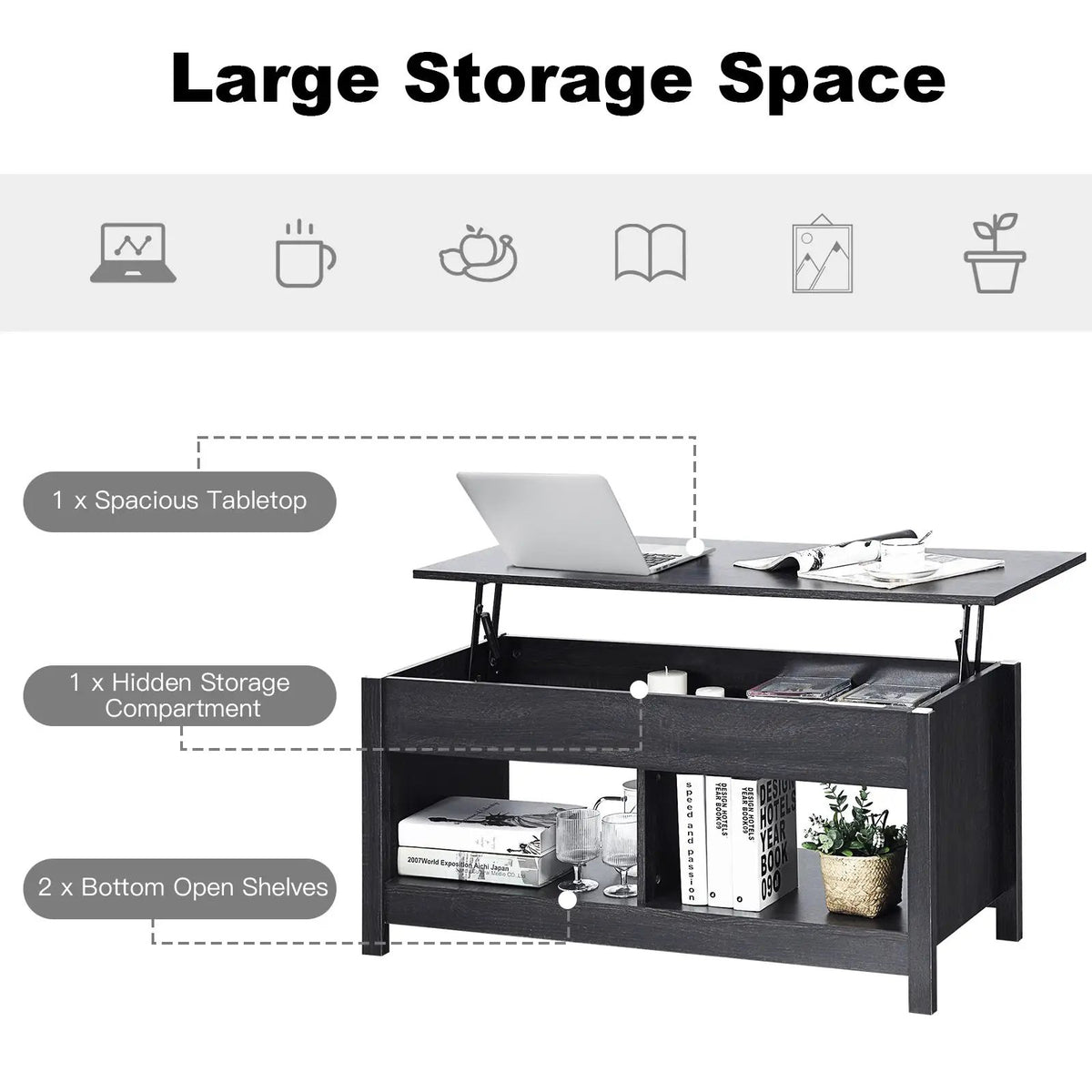 Lift Top Coffee Table with Hidden Storage Compartment and Lower Shelf for Study Room, photo 15 of 24