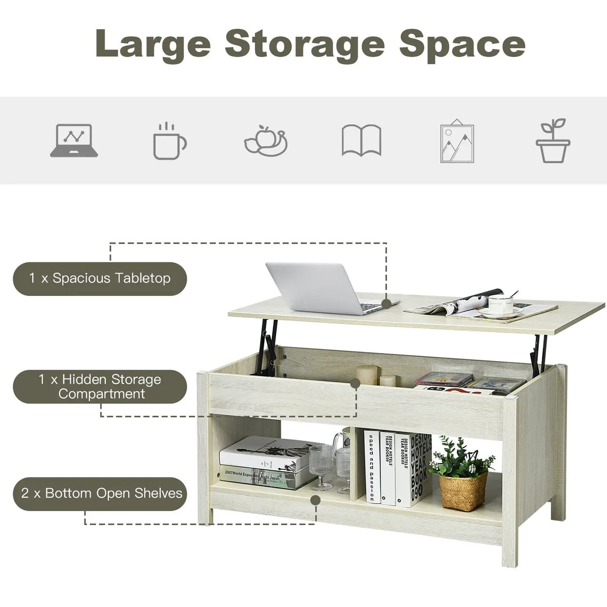 Lift Top Coffee Table with Hidden Storage Compartment and Lower Shelf for Study Room, photo 13 of 24