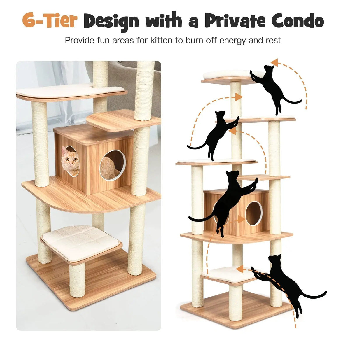 7-Layer Wooden Cat Tree Tall Cat Tower with Sisal Posts and Condo, photo 8 of 9