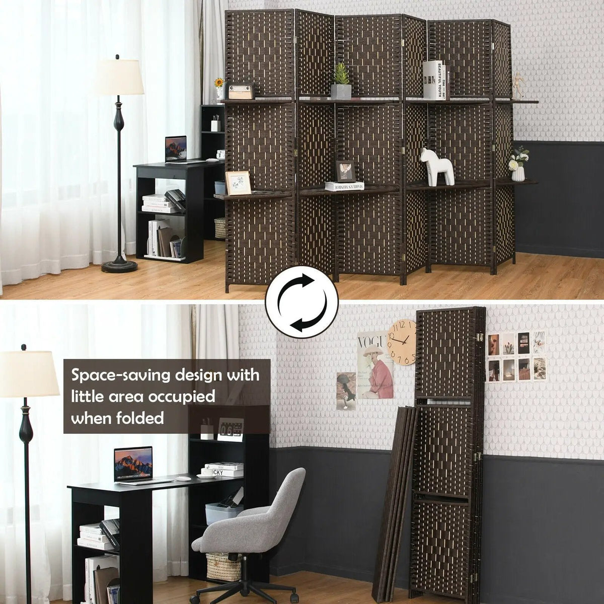 6 Panel Folding Weave Fiber Room Divider with 2 Display Shelves, photo 8 of 9