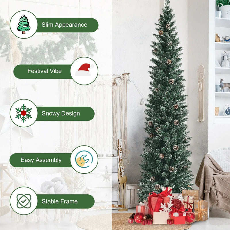 Snowy Artificial Pencil Christmas Tree with Pine Cones by DirectDeals