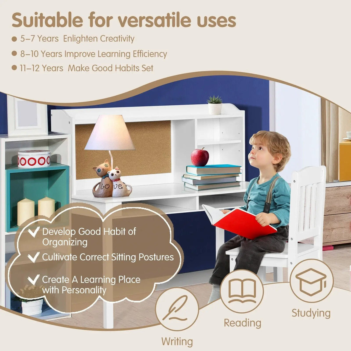 Kids Desk and Chair Set Study Writing Desk with Hutch and Bookshelves, photo 3 of 10