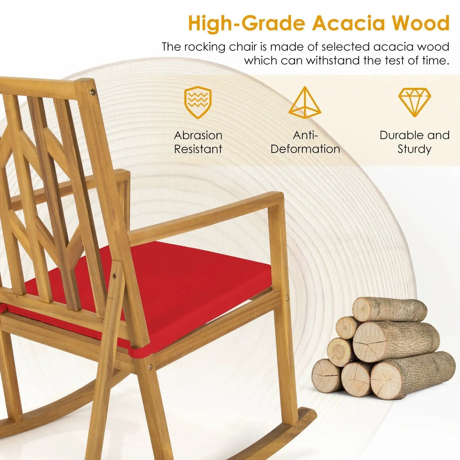 Patio Acacia Wood Rocking Chair Sofa with Armrest and Cushion for Garden and Deck by DirectDeals