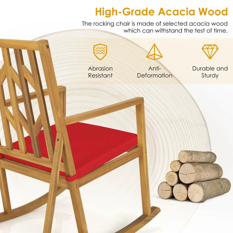 Patio Acacia Wood Rocking Chair Sofa with Armrest and Cushion for Garden and Deck by DirectDeals