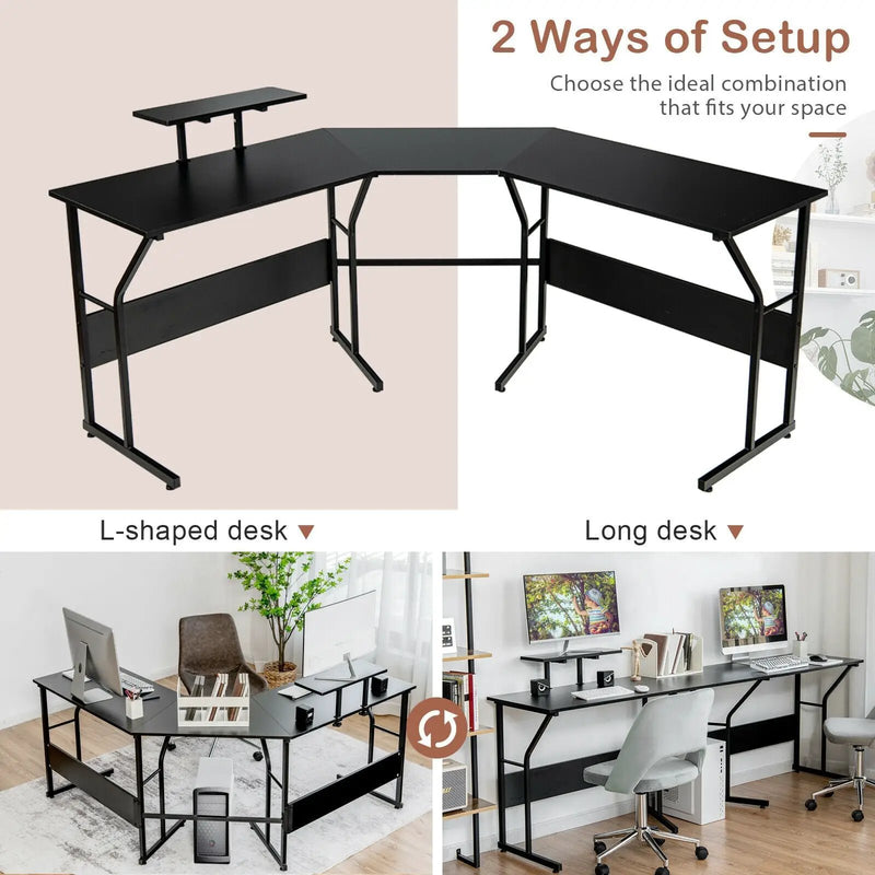 88.5 Inch L Shaped Reversible Computer Desk Table with Monitor Stand by DirectDeals
