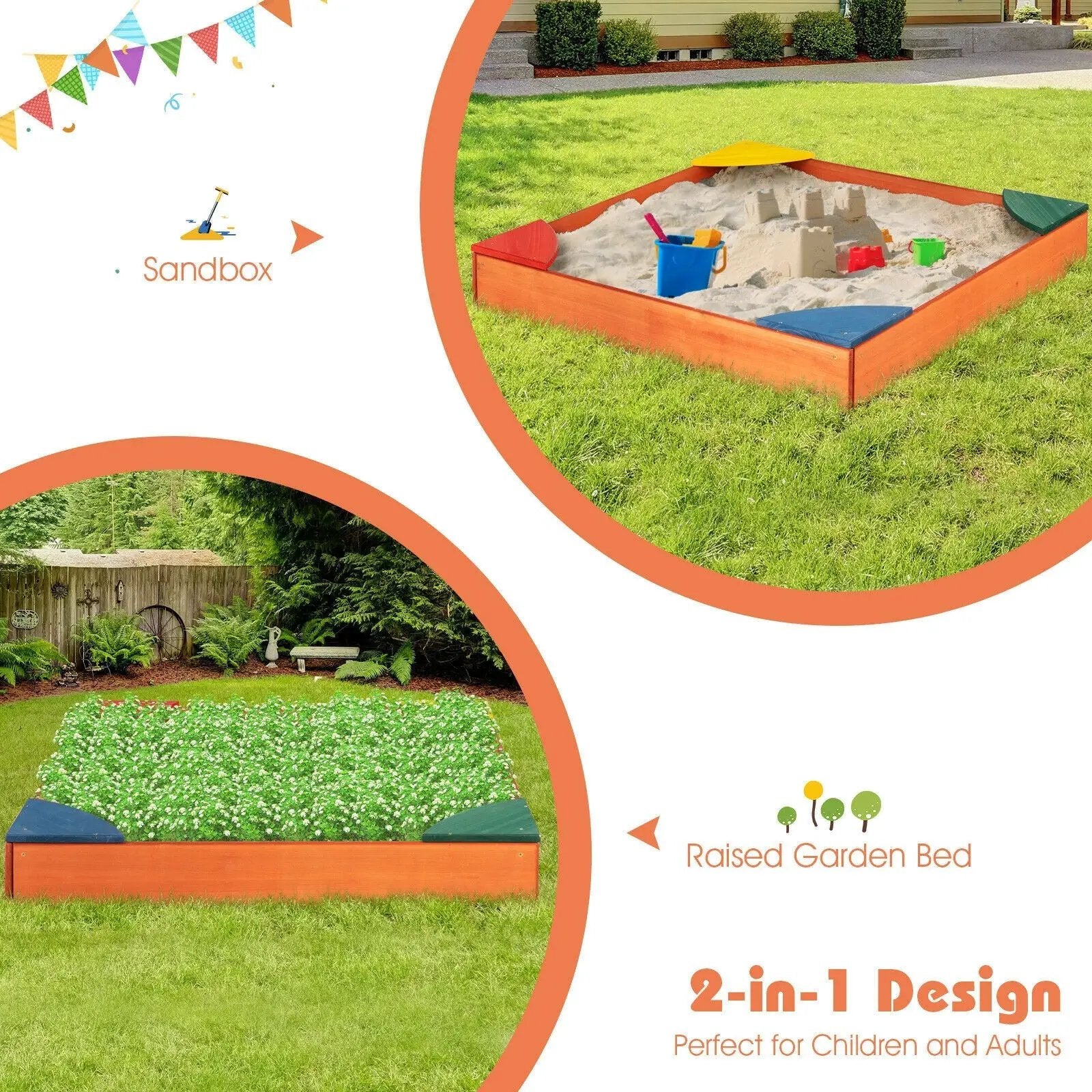 Kids Outdoor Wooden Backyard Sandbox with Built-in Corner Seating by DirectDeals