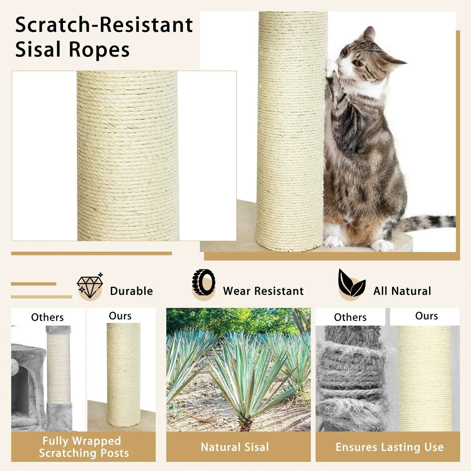 77.5-Inch Cat Tree Condo Multi-Level Kitten Activity Tower with Sisal Posts-Cream White by DirectDeals