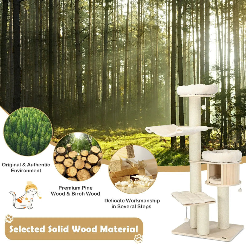 4-Layer 68.5-Inch Wooden Cat Tree Condo Activity Tower with Sisal Posts-Natural by DirectDeals