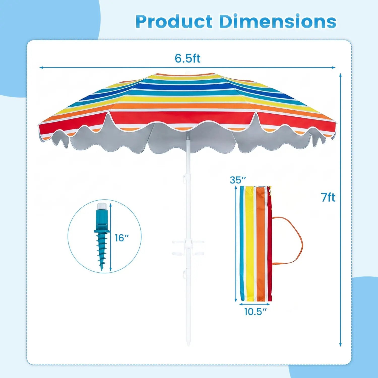 Beach Umbrella 6.5 FT with UPF 50+ Sun Protection & Sand Anchor by DirectDeals