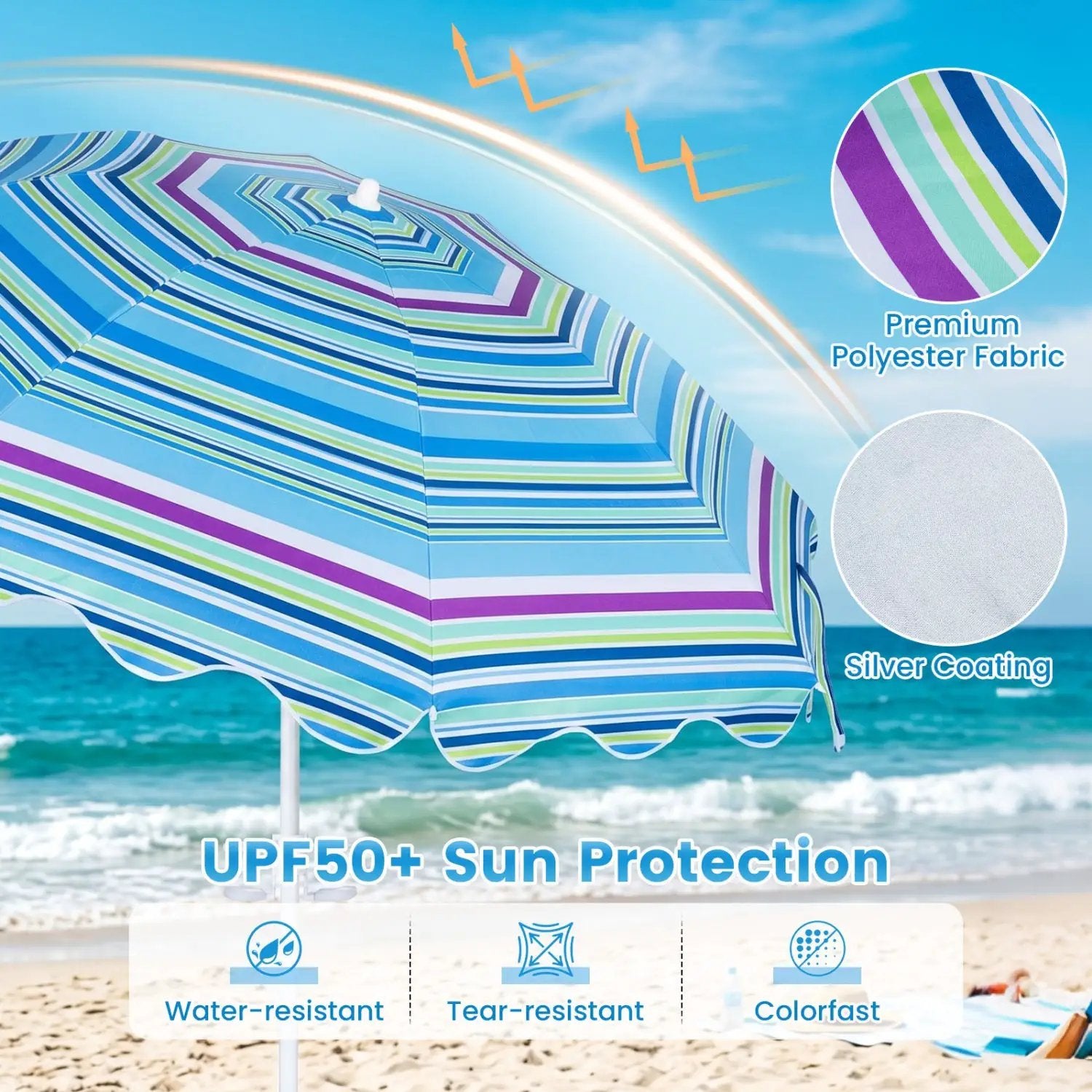 Beach Umbrella 6.5 FT with UPF 50+ Sun Protection & Sand Anchor by DirectDeals