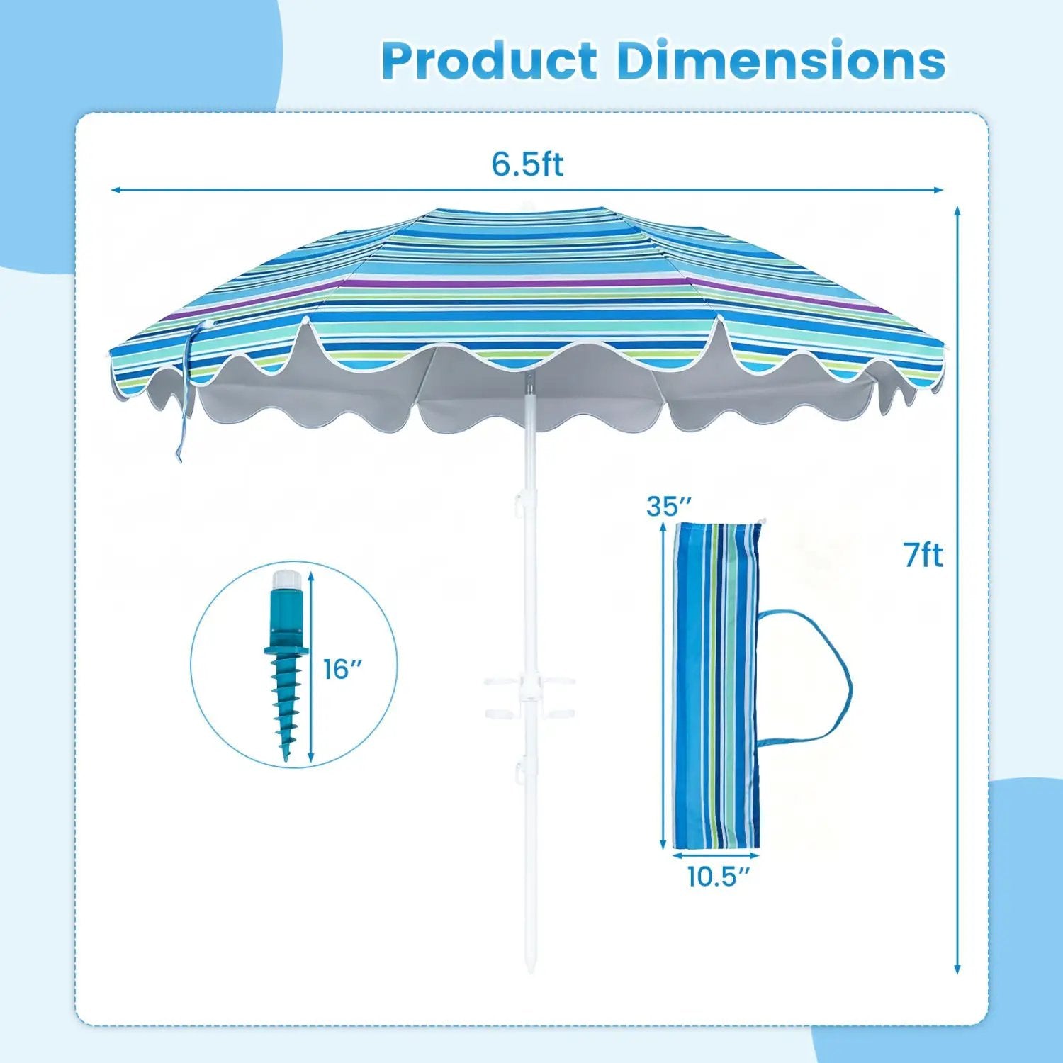 Beach Umbrella 6.5 FT with UPF 50+ Sun Protection & Sand Anchor by DirectDeals