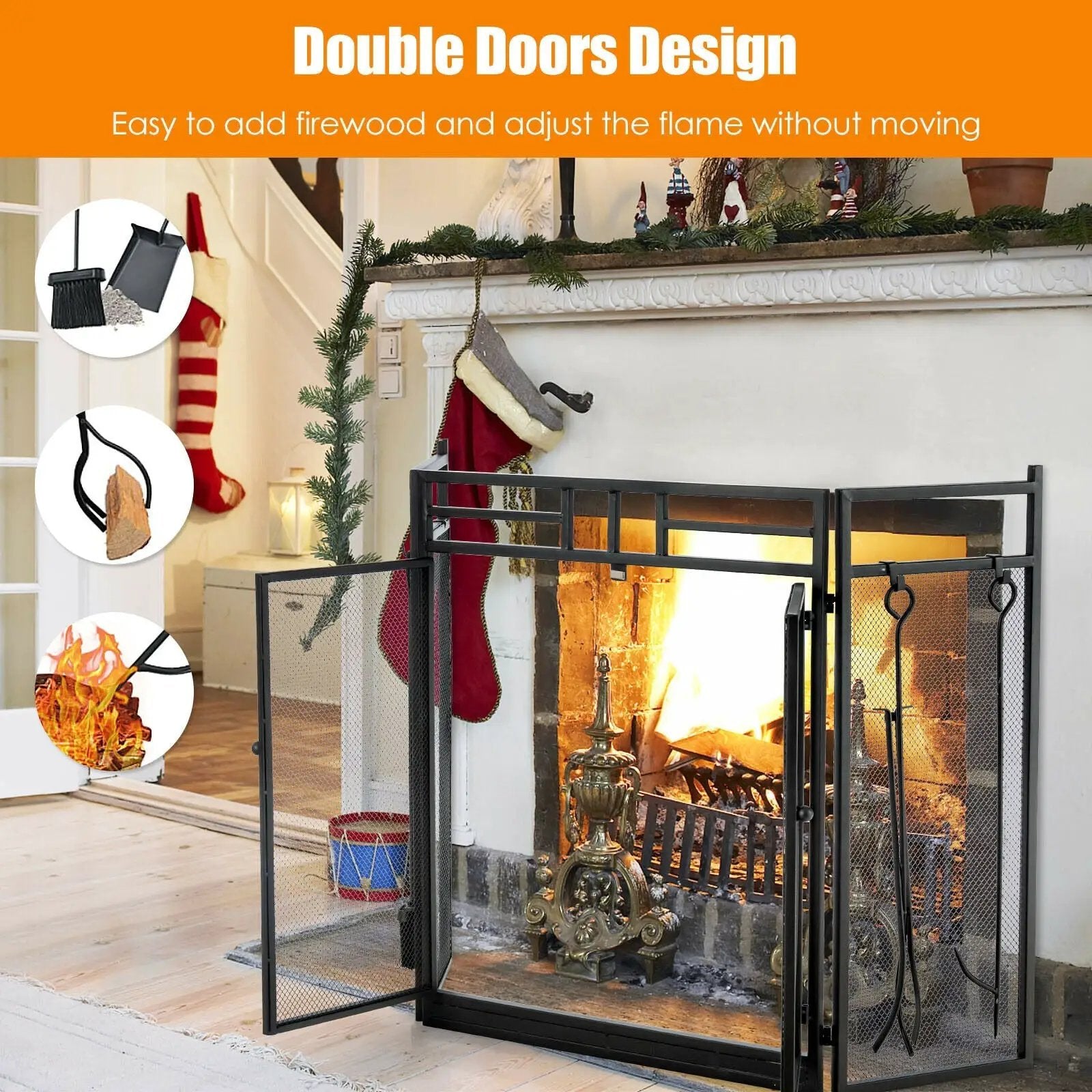 3-Panel Folding Wrought Iron Fireplace Screen with Doors and 4 Pieces Tools Set-Black by DirectDeals