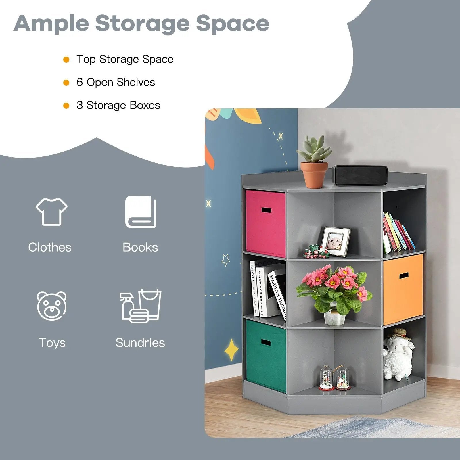 3-Tier Kids Storage Shelf Corner Cabinet with 3 Baskets by DirectDeals