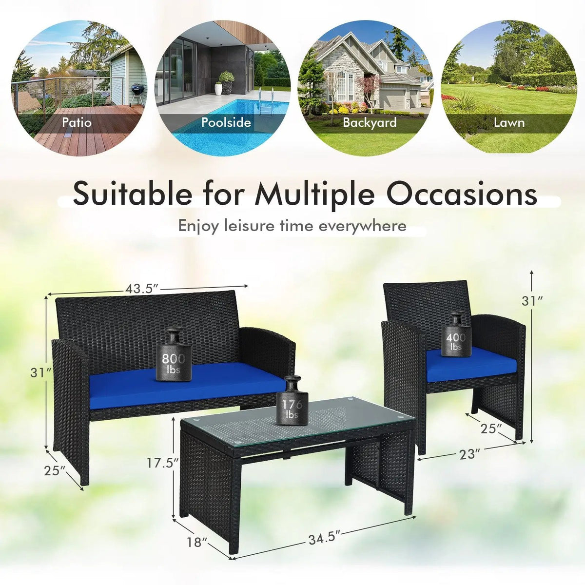 4 Pieces Rattan Patio Furniture Set with Weather Resistant Cushions and Tempered Glass Tabletop by DirectDeals