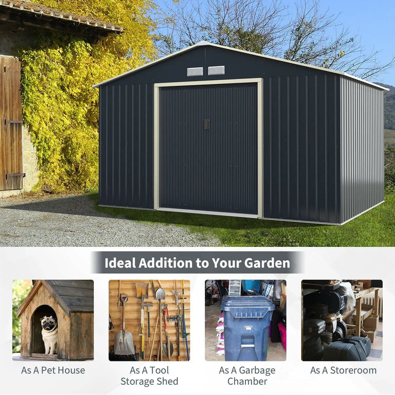 11 x 8 Feet Metal Storage Shed for Garden and Tools with 2 Lockable Sliding Doors-Gray by DirectDeals