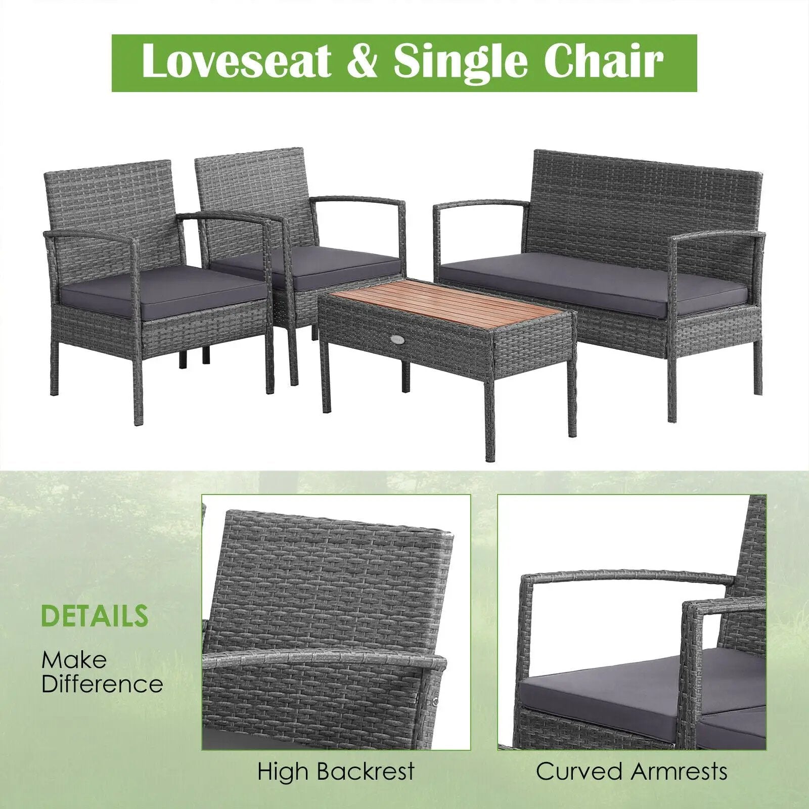 4 Pieces Rattan Patio Conversation Furniture Set with Acacia Wood Tabletop by DirectDeals