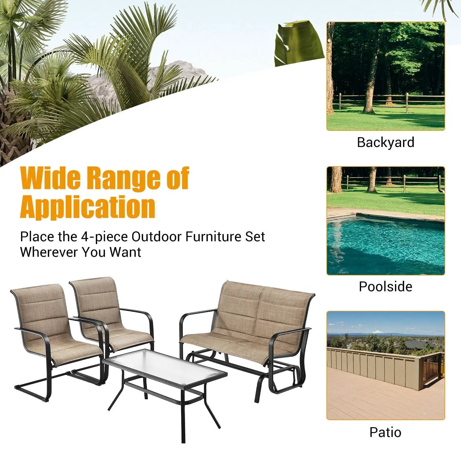 4 Pieces Outdoor Patio Furniture Set with Padded Glider Loveseat and Coffee Table-Brown by DirectDeals