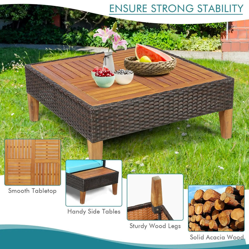 4 Pieces Patio Cushioned Rattan Furniture Set with Wooden Side Table by DirectDeals